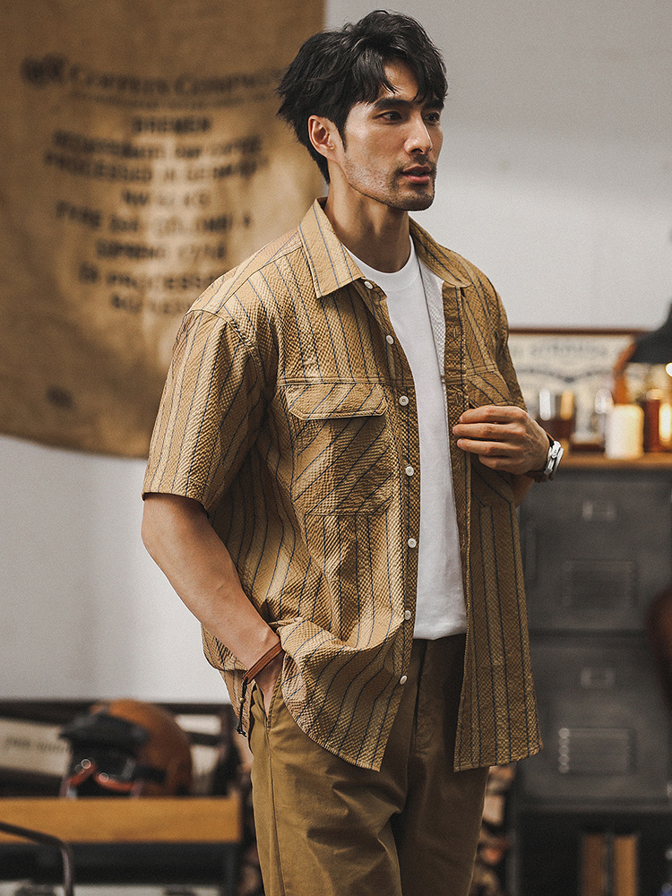 杰雷諾美式潮牌短袖襯衫男士條紋寬鬆夏季夏威夷休閒工裝襯衣男裝