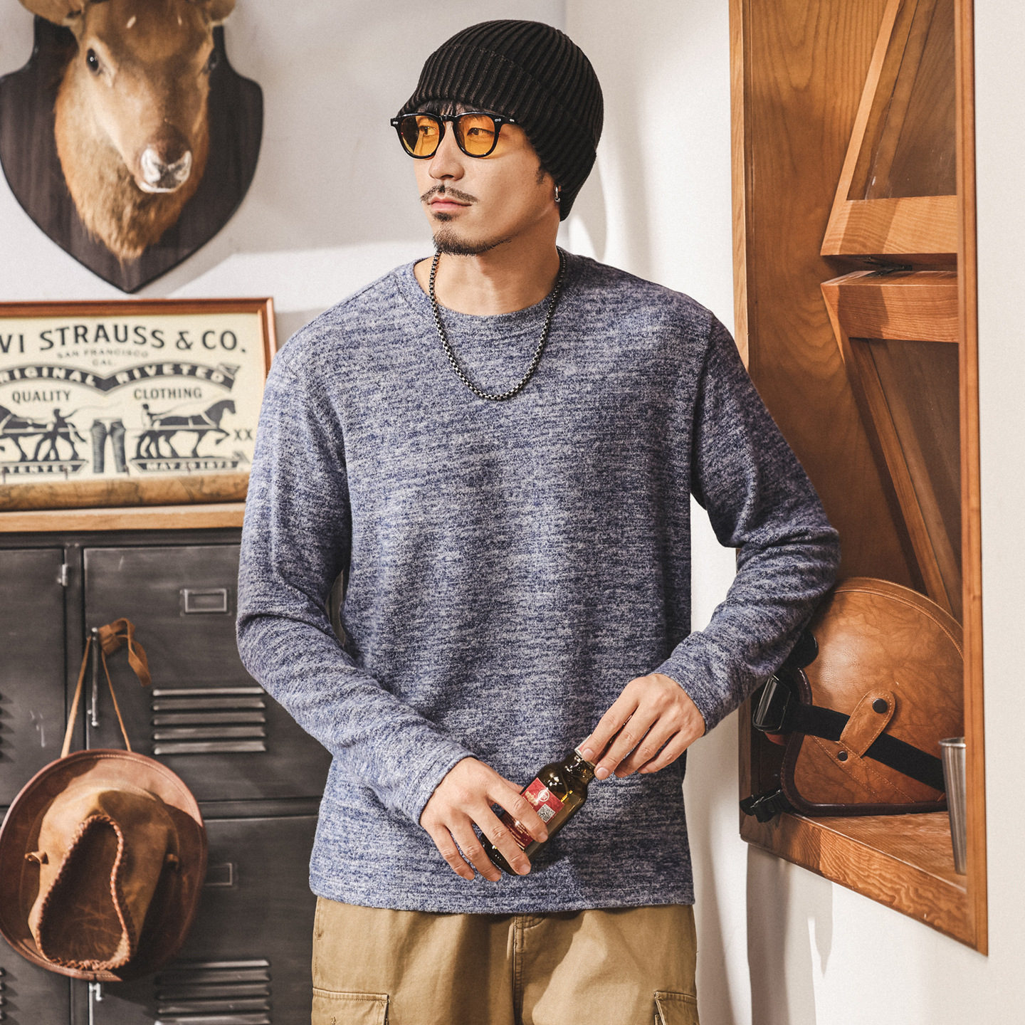 美式復古潮牌長袖t恤男秋季2025新款寬鬆內搭絨感打底衫男士上衣