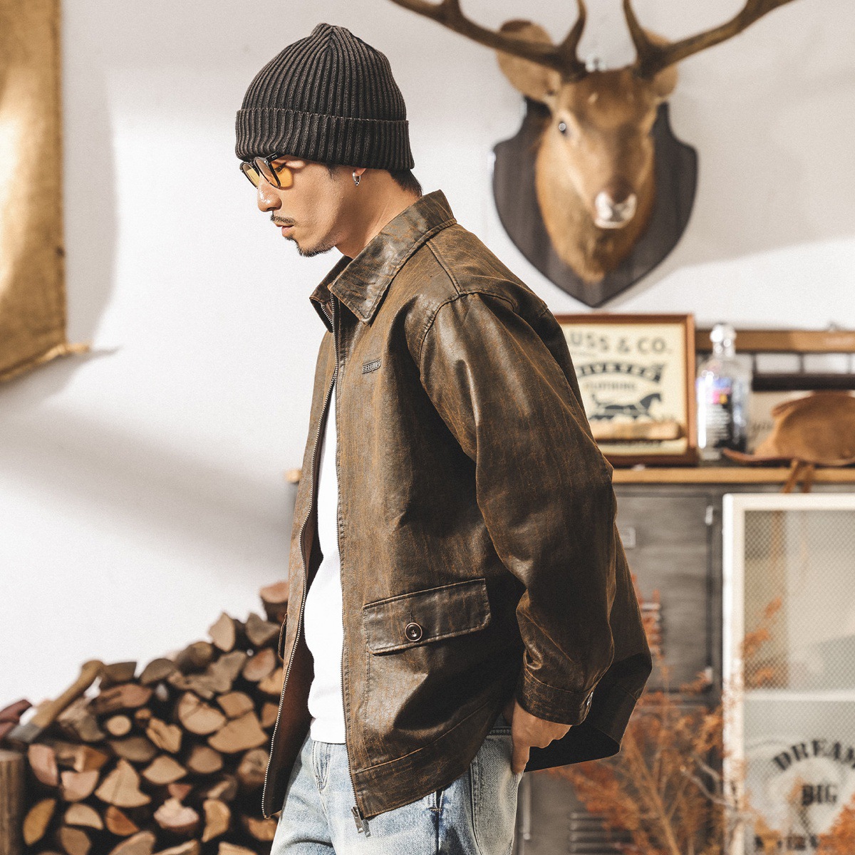 美式復古油蠟皮夾克男春季新款休閒寬鬆潮流古着帥氣大碼機車外套