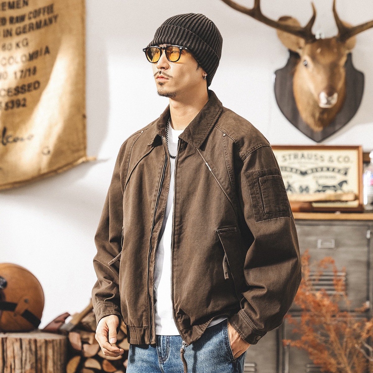 美式復古工裝外套男春秋寬鬆硬漢寬鬆潮牌美拉德休閒戶外獵裝夾克