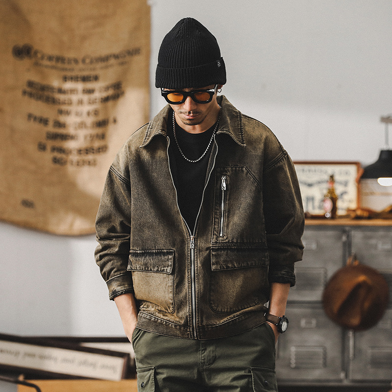 未來賽博朋克廢土風牛仔外套男春秋潮牌痞帥鐵鏽水洗機能工裝夾克