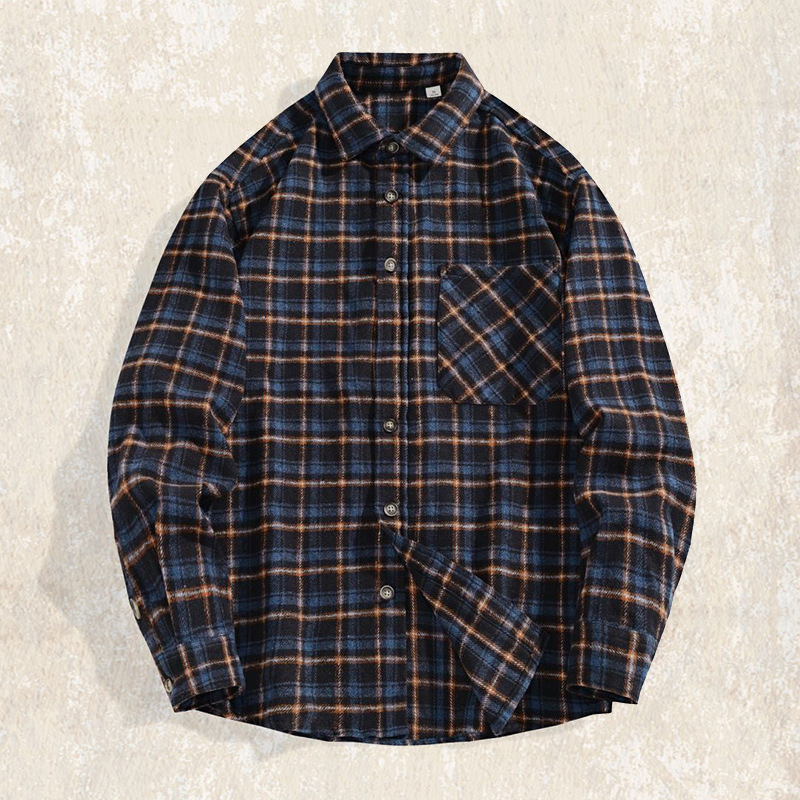 美式復古425g重磅磨毛色織格子襯衫男秋冬款潮牌寬鬆休閒襯衣男款