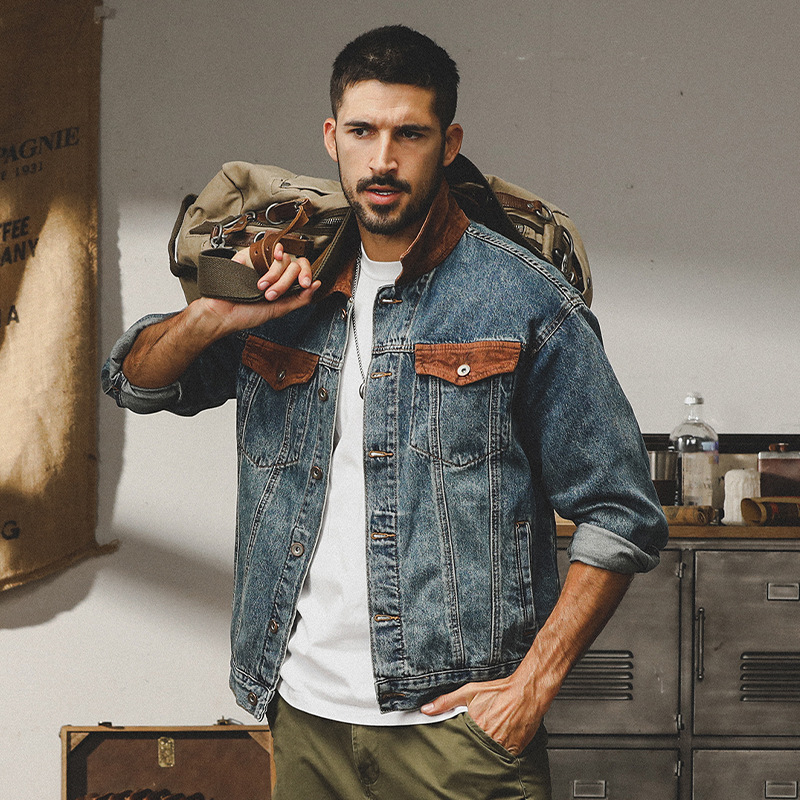 美式復古做舊牛仔外套男秋冬款潮牌寬鬆潮流痞帥翻領工裝夾克上衣