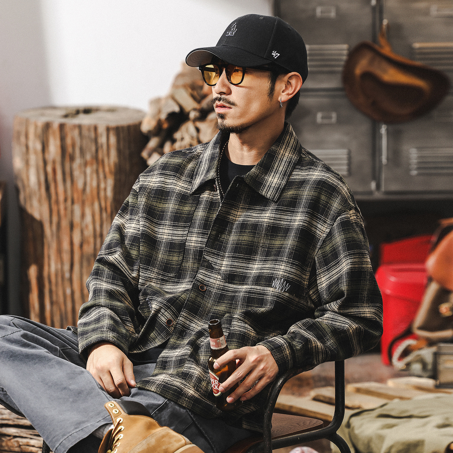 美式復古格子襯衫男秋季2025新款日系潮牌長袖襯衣寬鬆休閒外套男