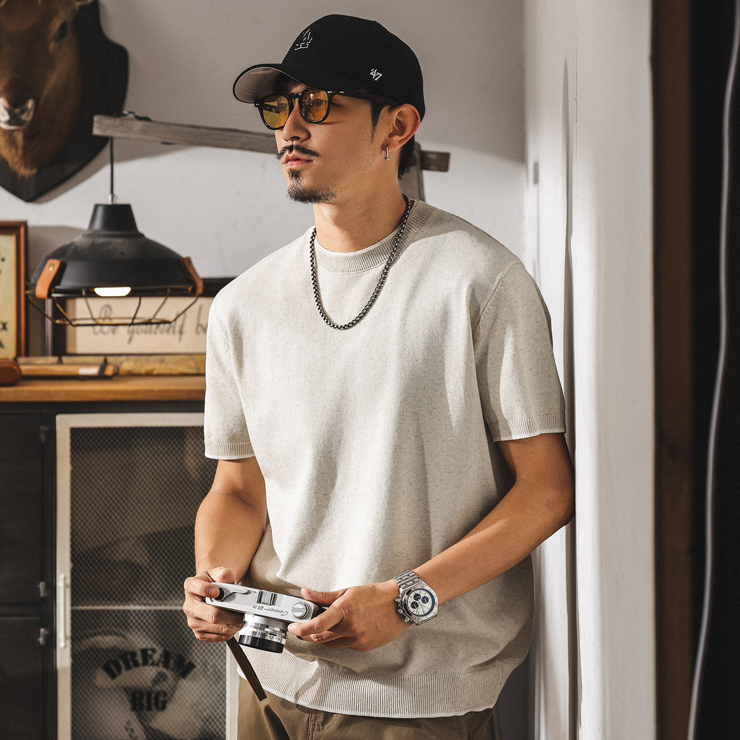 亞麻天絲短袖毛衣男夏季新款針織T恤男士拼色簡約百搭休閒上衣男