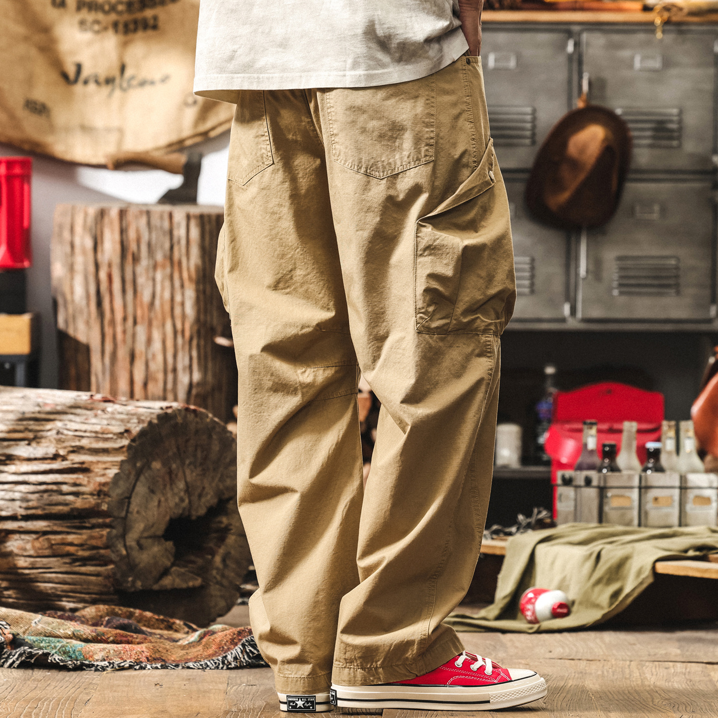 美式復古卡其色彎刀工裝褲子男夏季新款潮牌直筒闊腿褲松休閒長褲