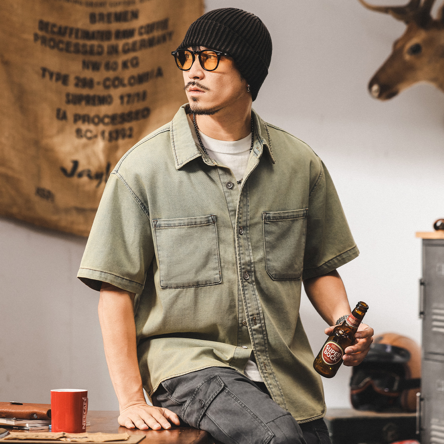 美式復古萊賽爾牛仔襯衫男夏季新款寬鬆潮流痞帥工裝襯衣薄款外套