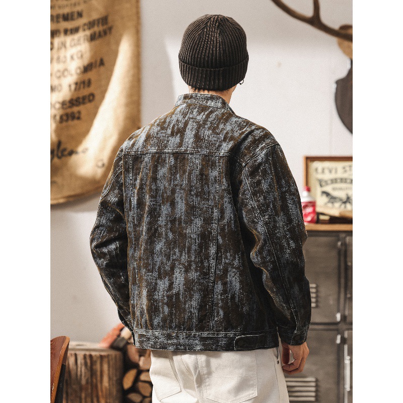 美式復古廢土風植絨斑駁牛仔外套男士秋季新款寬鬆潮流帥氣夾克男
