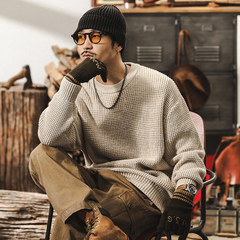 美式復古760g重磅粗針毛衣男冬季厚實寬鬆簡約百搭線衫休閒針織衫