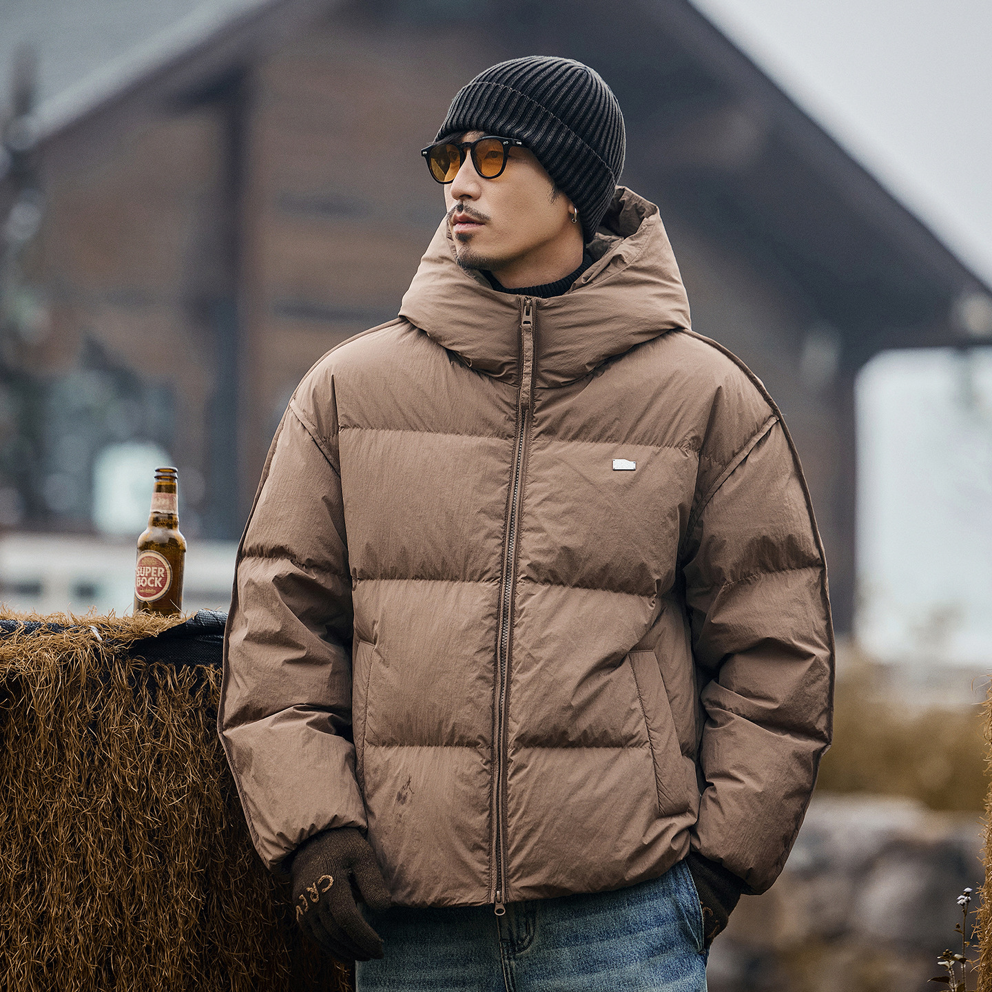 美式復古高充絨蓬鬆連帽羽絨服男冬季加厚保暖一體連帽麪包服外套