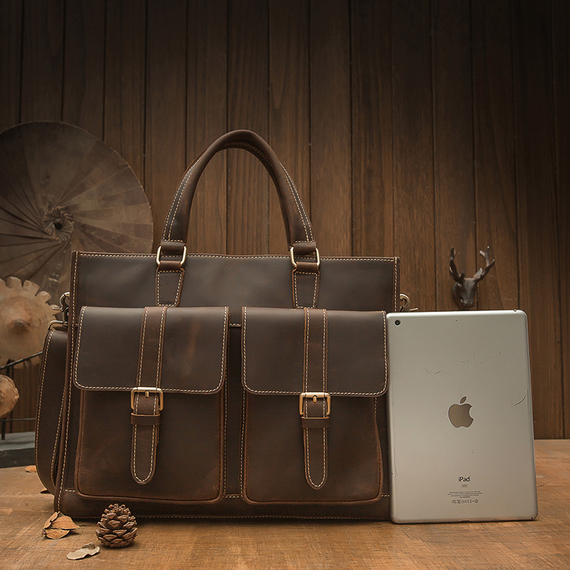 手工復古牛皮男士手提包橫款真皮單肩斜挎包瘋馬皮英倫劍橋公文包