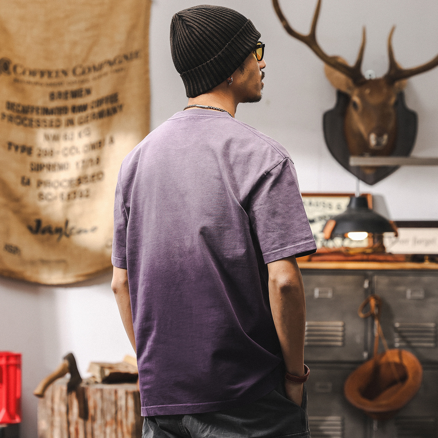 阿蘇特漸變水洗T恤夏季美式短袖潮牌寬鬆百搭紫色多巴胺上衣T男潮