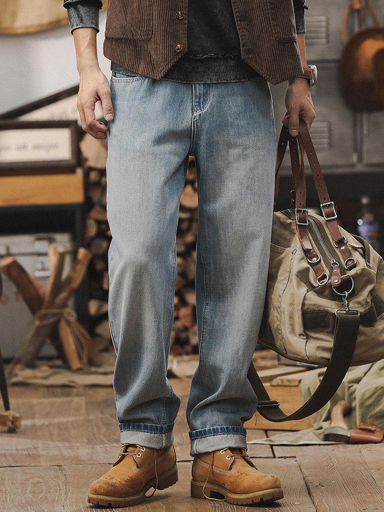 杰雷諾萊賽爾牛仔褲男直筒高端柔軟親膚透氣寬鬆闊腿褲水洗休閒褲