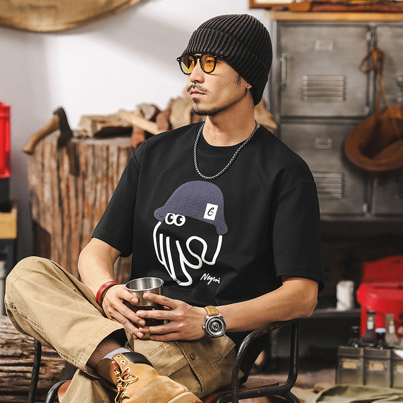 40支涼感科技短袖男夏季T恤2025新款潮牌立體絨面印花休閒上衣男T