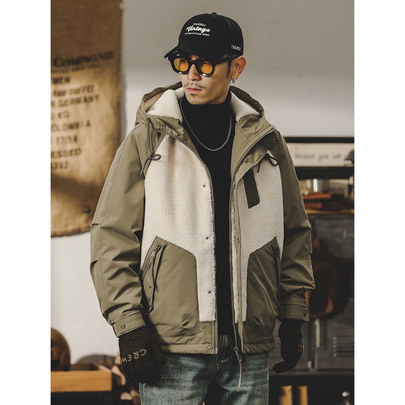 美式拼接設計羊羔絨外套男冬季2023年新款男生加絨加厚工裝棉服男