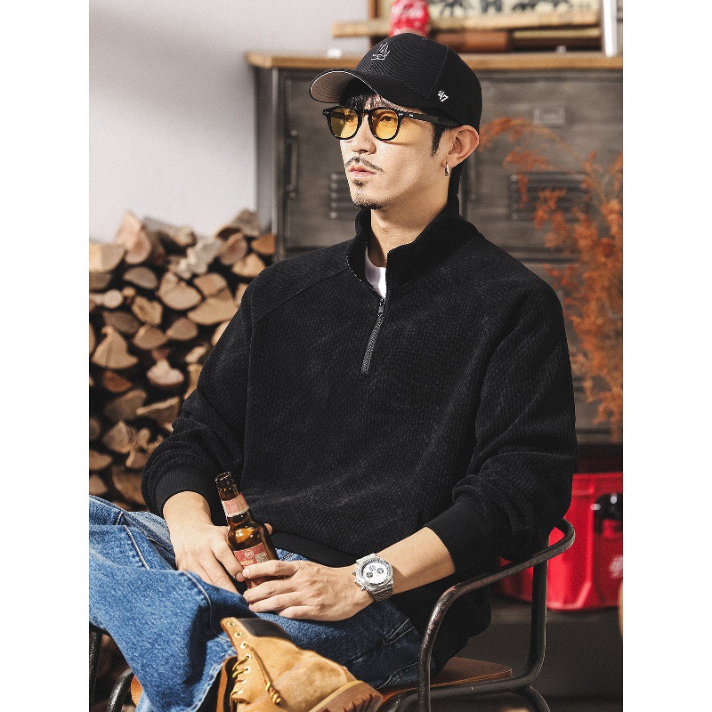 美式復古400g重磅半高領衛衣男春秋潮牌保暖絨感寬鬆半拉鍊外套男