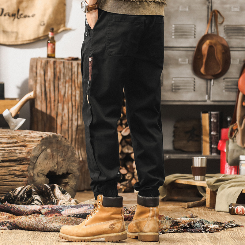 杰雷諾美式復古工裝褲子男秋冬2024新款潮牌寬鬆束腳黑色休閒褲男