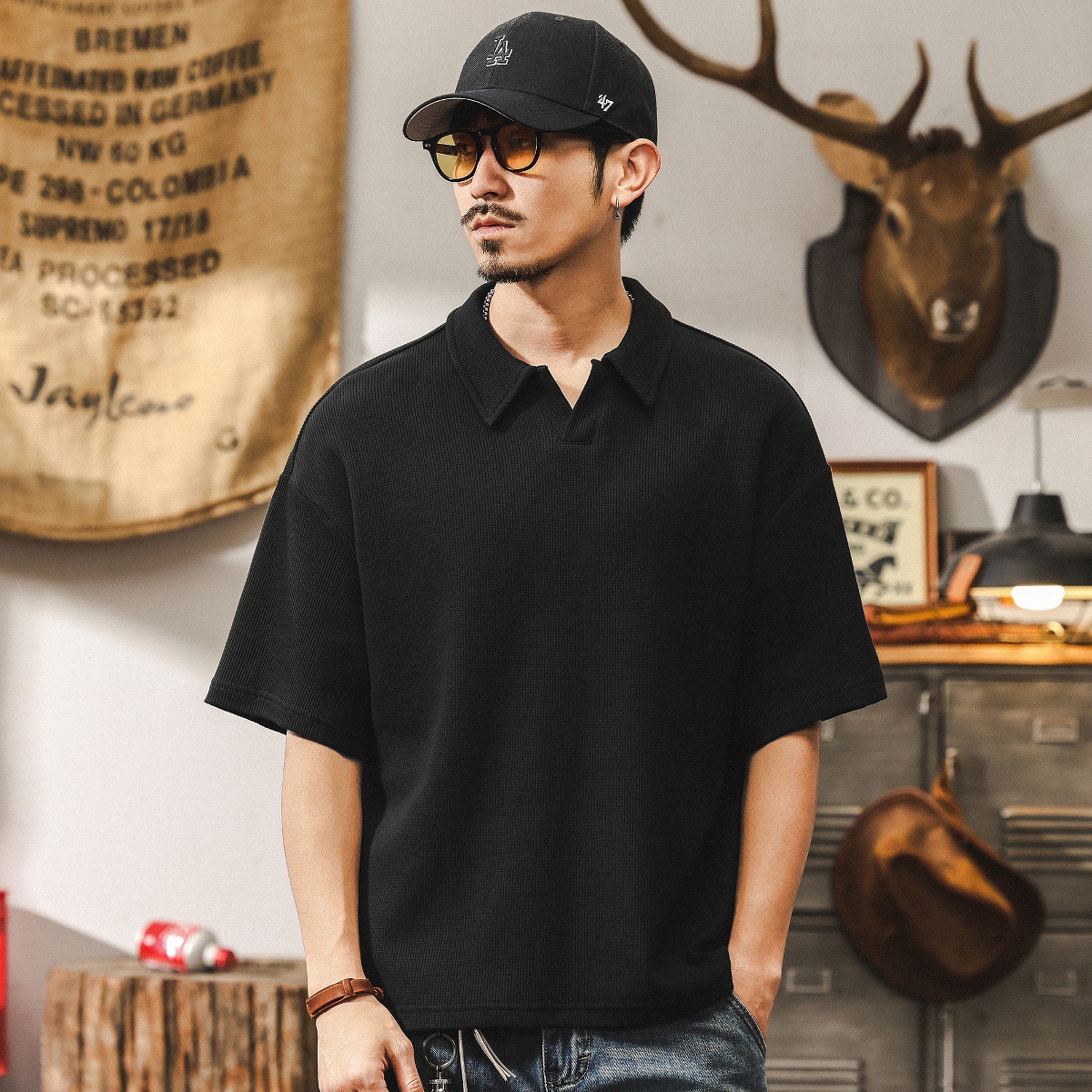 美式經典復古海鷗領Polo衫男夏季潮牌寬鬆基礎高級感男士短袖T恤