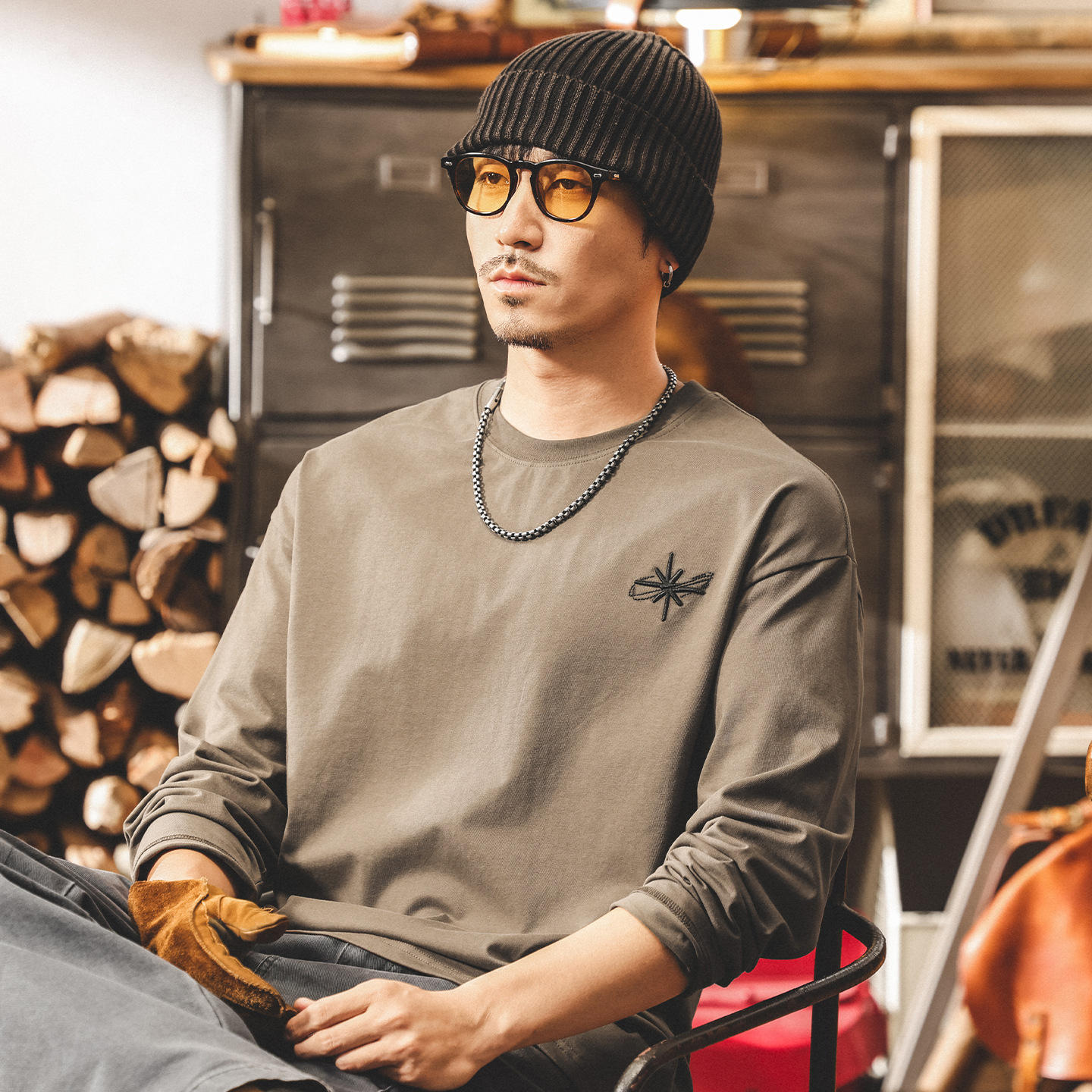 美式復古長袖t恤男秋季2025新款刺繡潮牌寬鬆大碼休閒男士上衣潮T