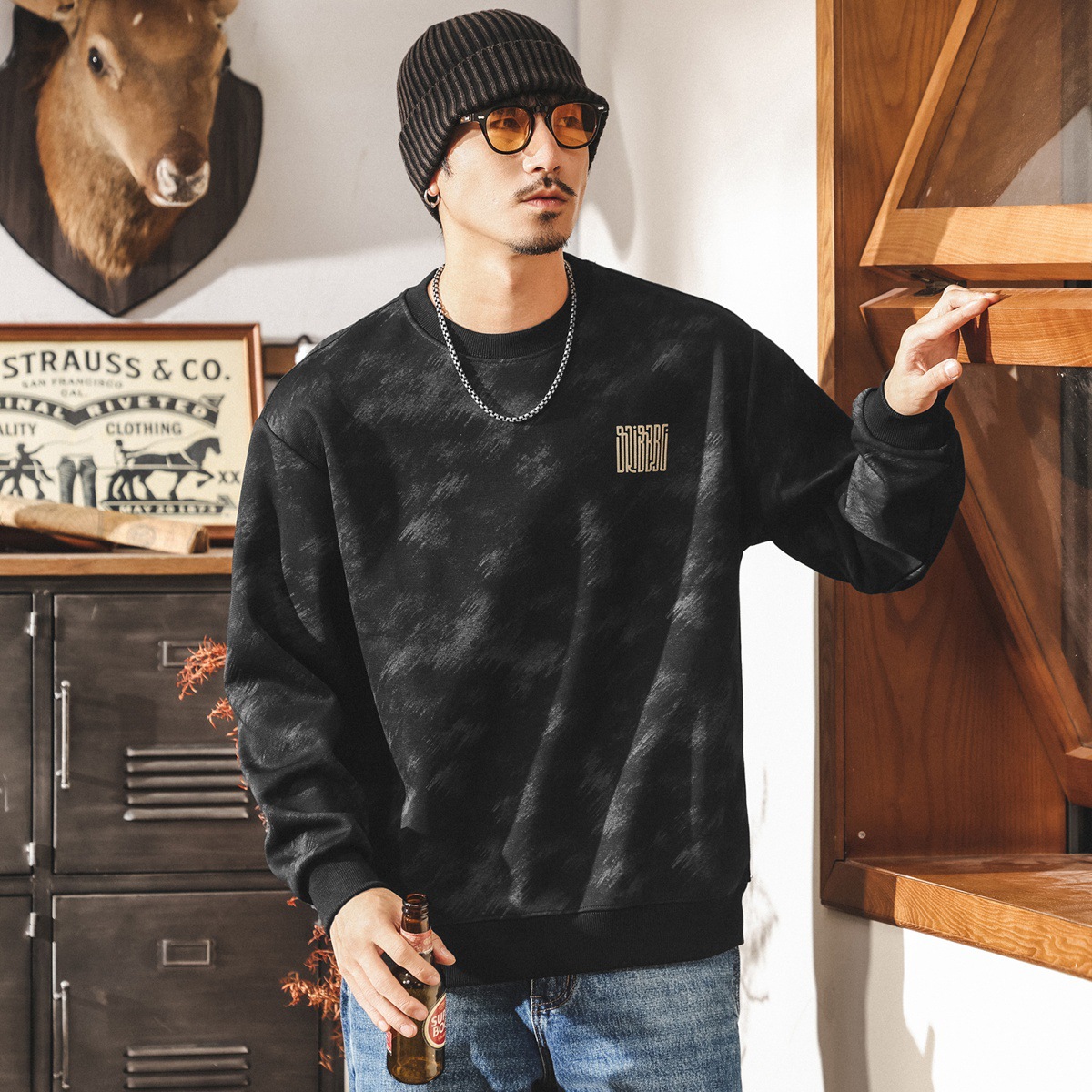 美式復古紫色重磅衛衣男春秋新款圓領寬鬆潮流休閒長袖秋季上衣男