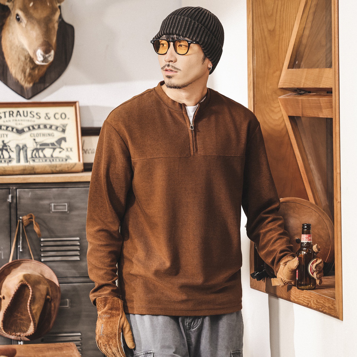 美式復古半拉鍊男士polo衫長袖男秋季320g重磅T恤男寬鬆休閒上衣