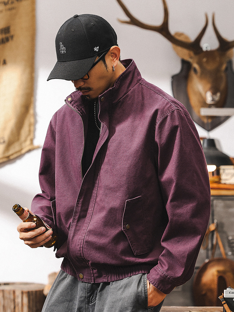 美式復古紫色工裝外套男春秋款潮牌2025新款寬鬆飛行員夾克男短款