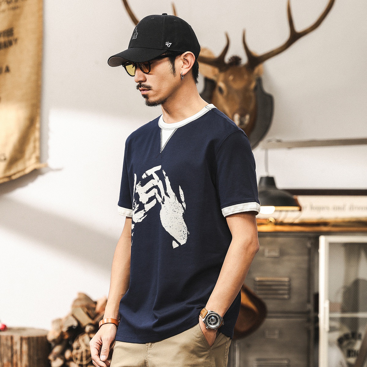 美式復古假兩件重磅T恤男短袖2025新款夏季寬鬆男士上衣衣服