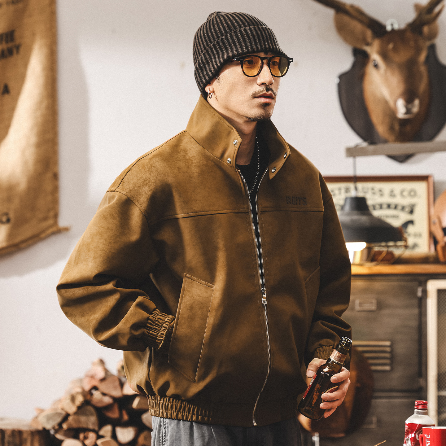 美式復古扎染立領機車皮衣外套男春秋新款痞帥潮流飛行員教練夾克