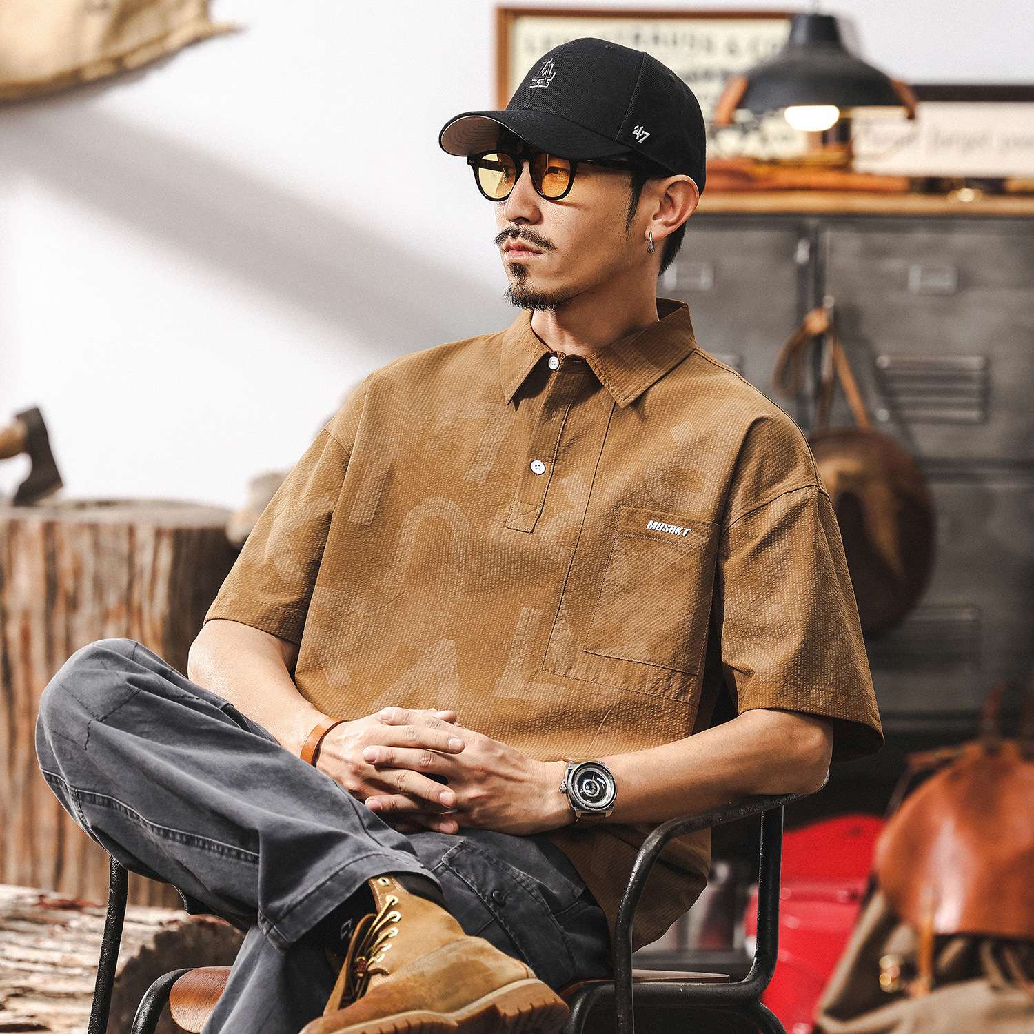 美拉德復古肌理感polo衫男夏季2025新款潮牌寬鬆短袖T恤男士上衣