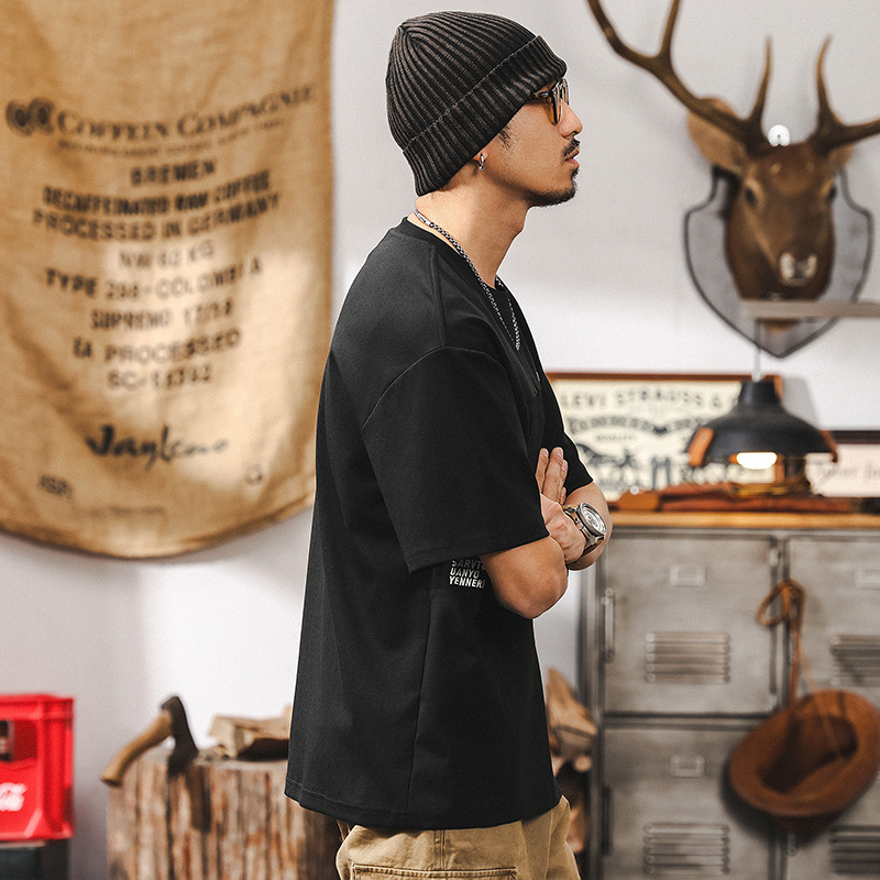 美式涼感科技面料T恤短袖男春季2025新款復古拼接提花休閒上衣男