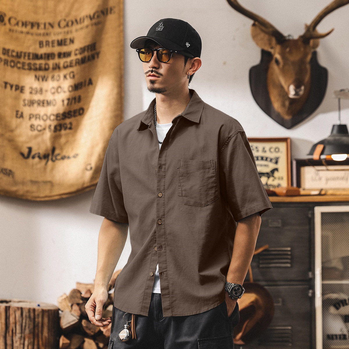 夏季新款亞麻襯衫男士短袖新款2025寬鬆高級感休閒襯衣薄款外套潮