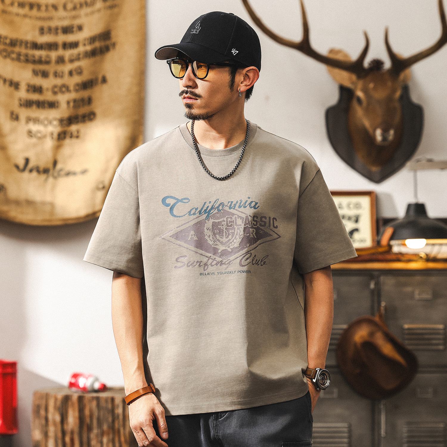 三本針雙紗精梳棉重磅300g夏季T恤男士短袖美式復古蠟染寬鬆上衣