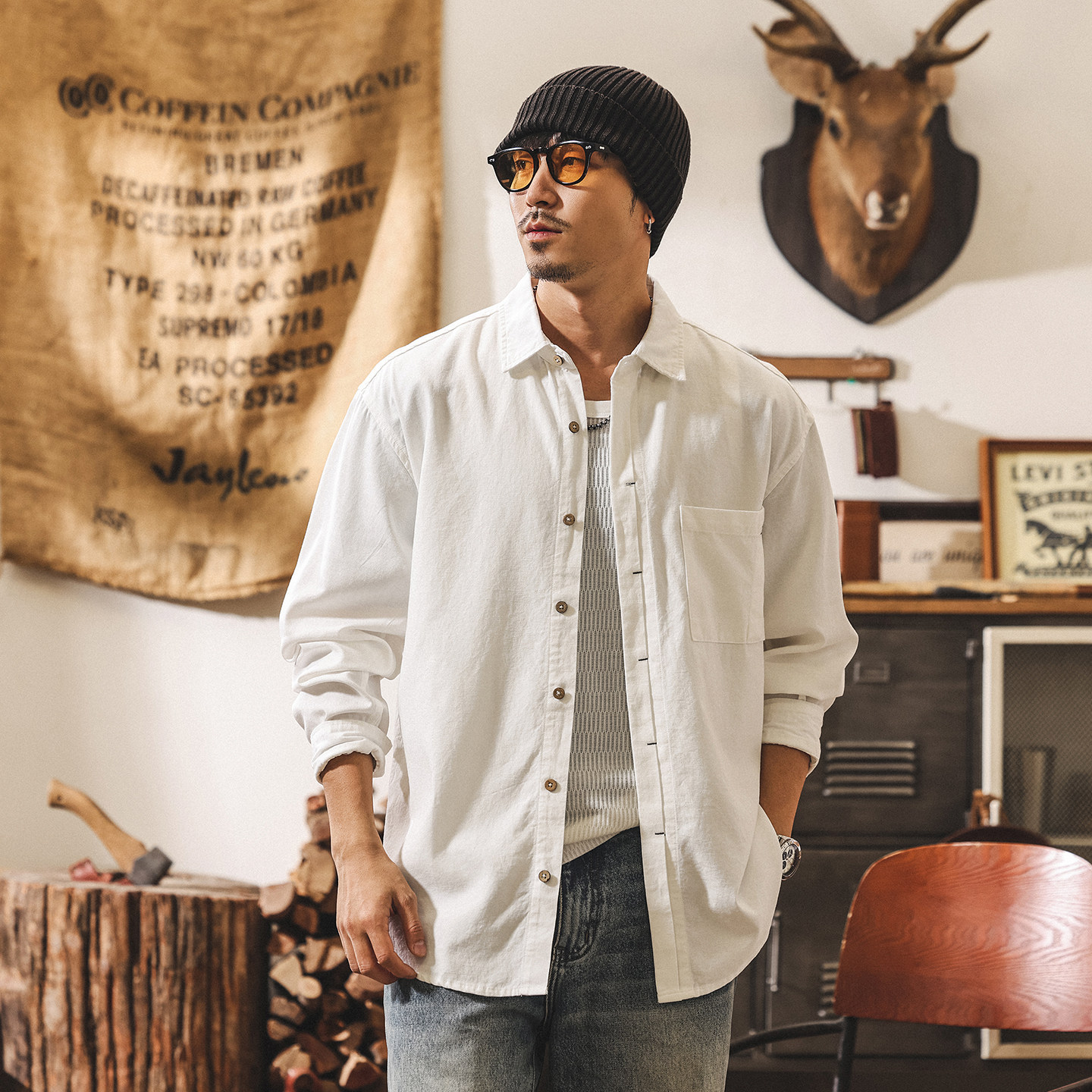 美式復古老錢風萊賽爾襯衫外套男春季薄款寬鬆休閒工裝長袖襯衣男