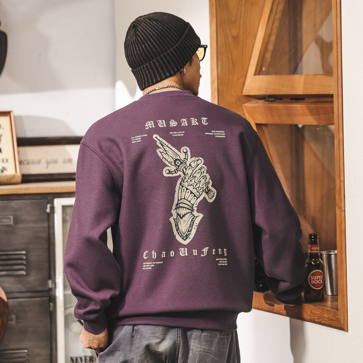 美式復古重磅衛衣男春秋新款潮流印花上衣寬鬆休閒紫色長袖男t恤