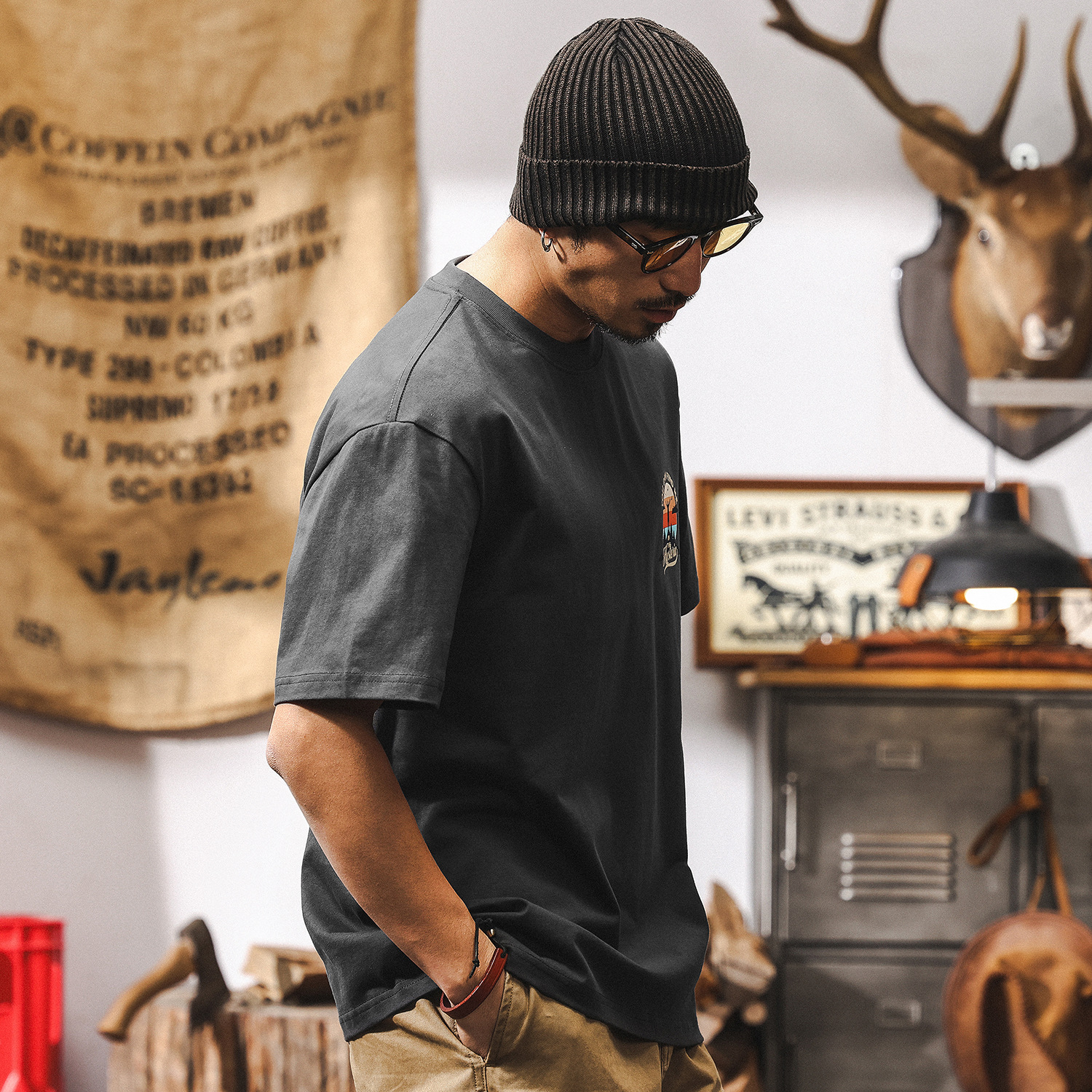 美式重磅雙紗T恤男短袖夏季復古潮流戶外露營印花休閒上衣印花T男