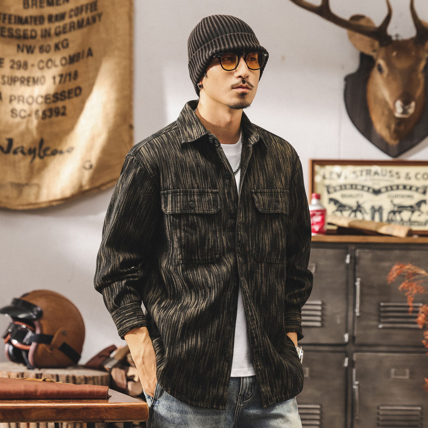 美式重磅復古牛仔襯衫外套男秋季寬鬆潮流提花條紋襯衣工裝夾克男