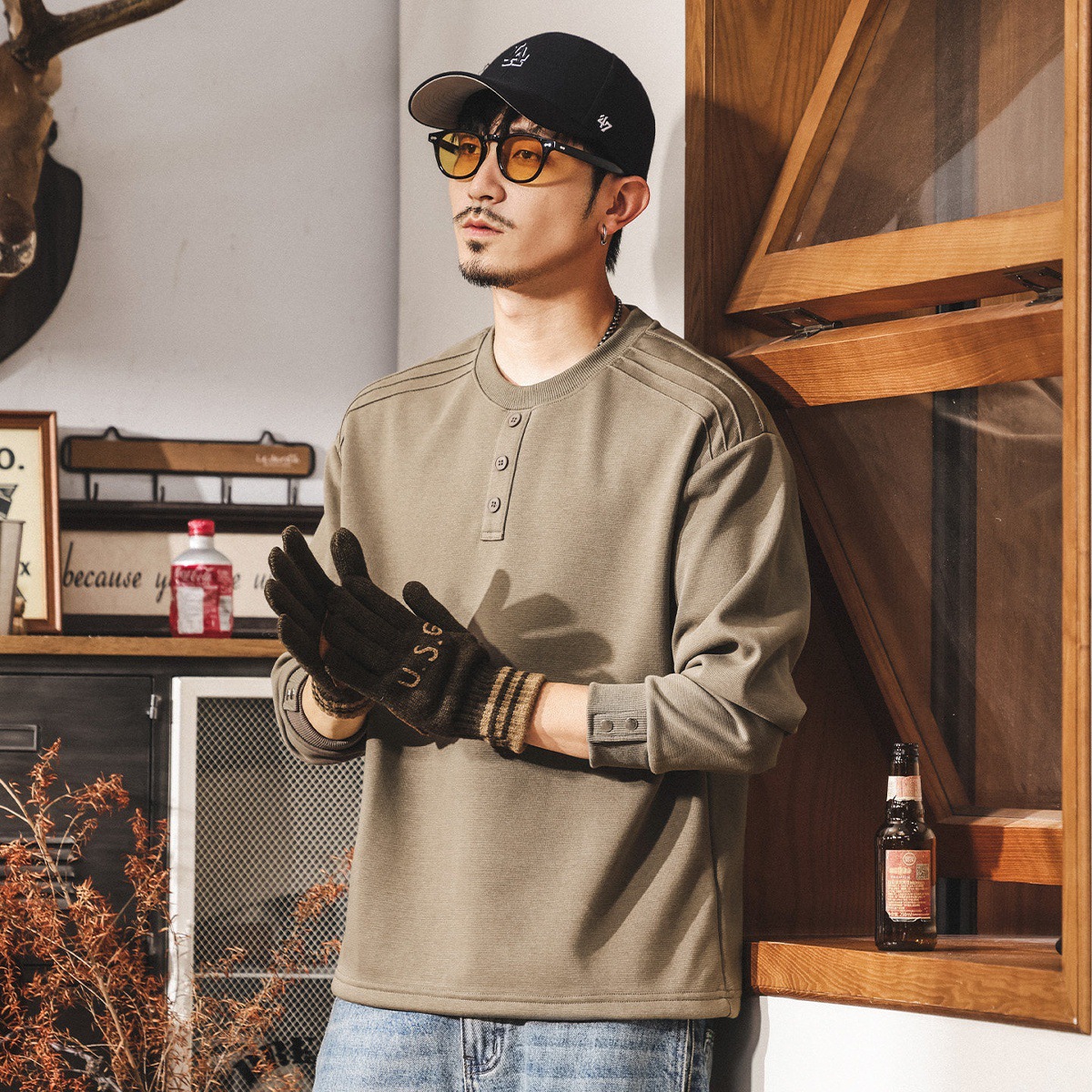 美式復古重磅加絨衛衣男款冬季加厚亨利領長袖男T恤潮牌寬鬆上衣