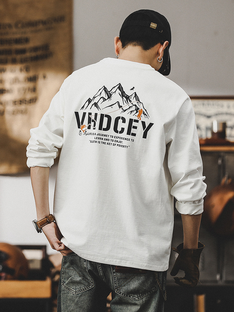 春季新款黑色長袖T恤男寬鬆潮牌男裝山系印花260g重磅上衣男