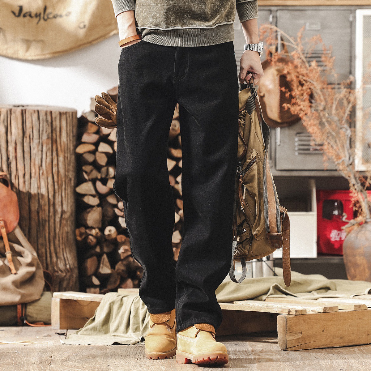 美式復古重磅雪尼爾褲子男冬季厚款潮牌牛仔褲男士寬鬆直筒休閒褲