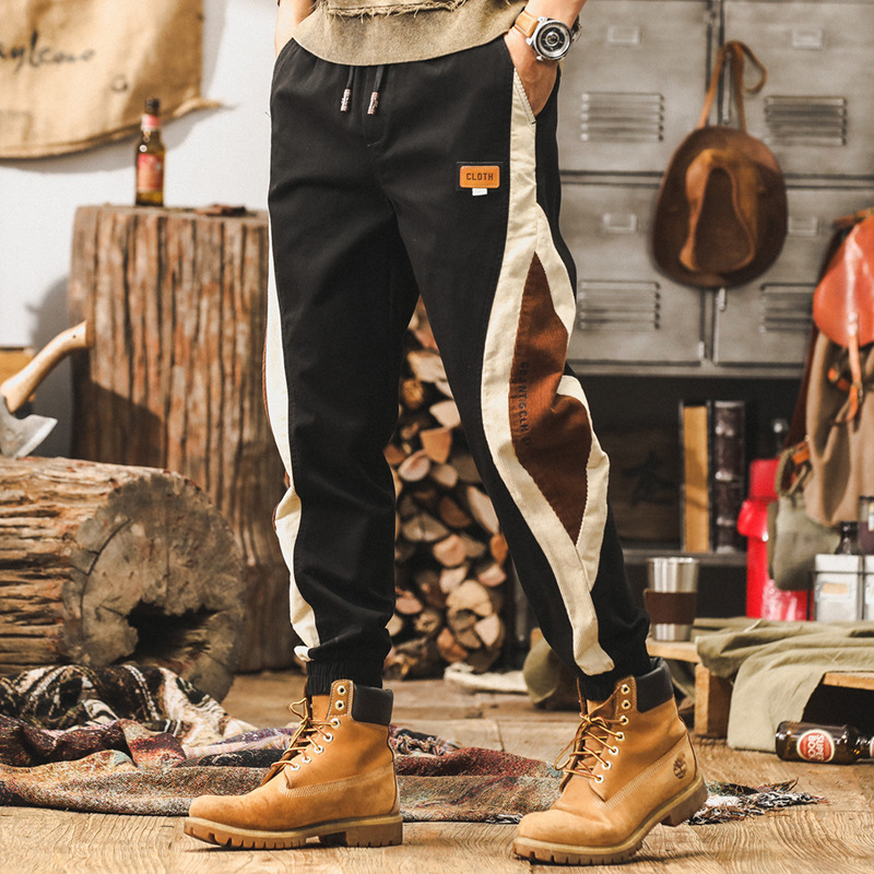 美式復古工裝褲子男秋季新款潮牌撞色潮流設計拼接寬鬆束腳休閒褲