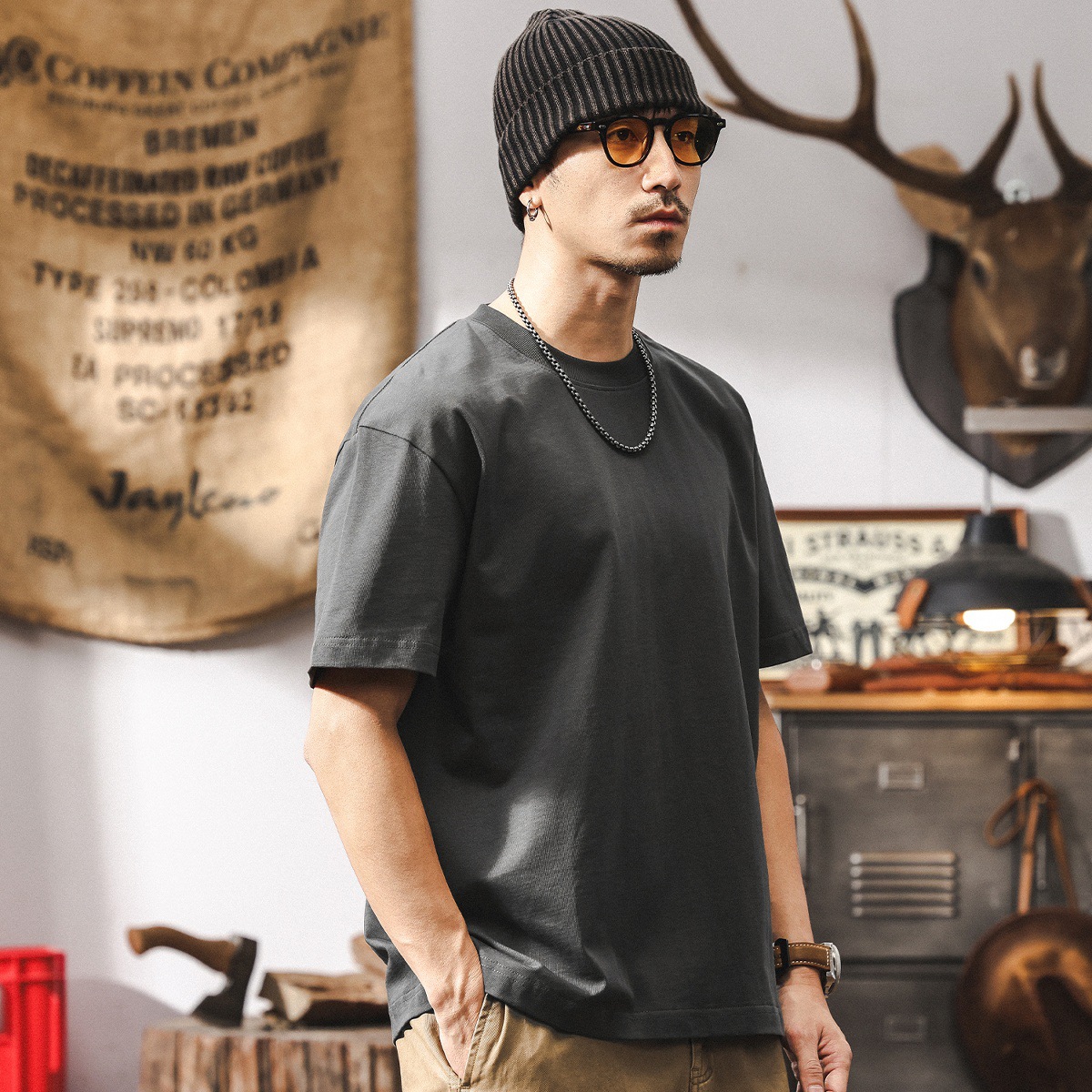 美式復古T恤男夏季重磅純色短袖潮牌寬鬆簡約百搭圓領上衣男