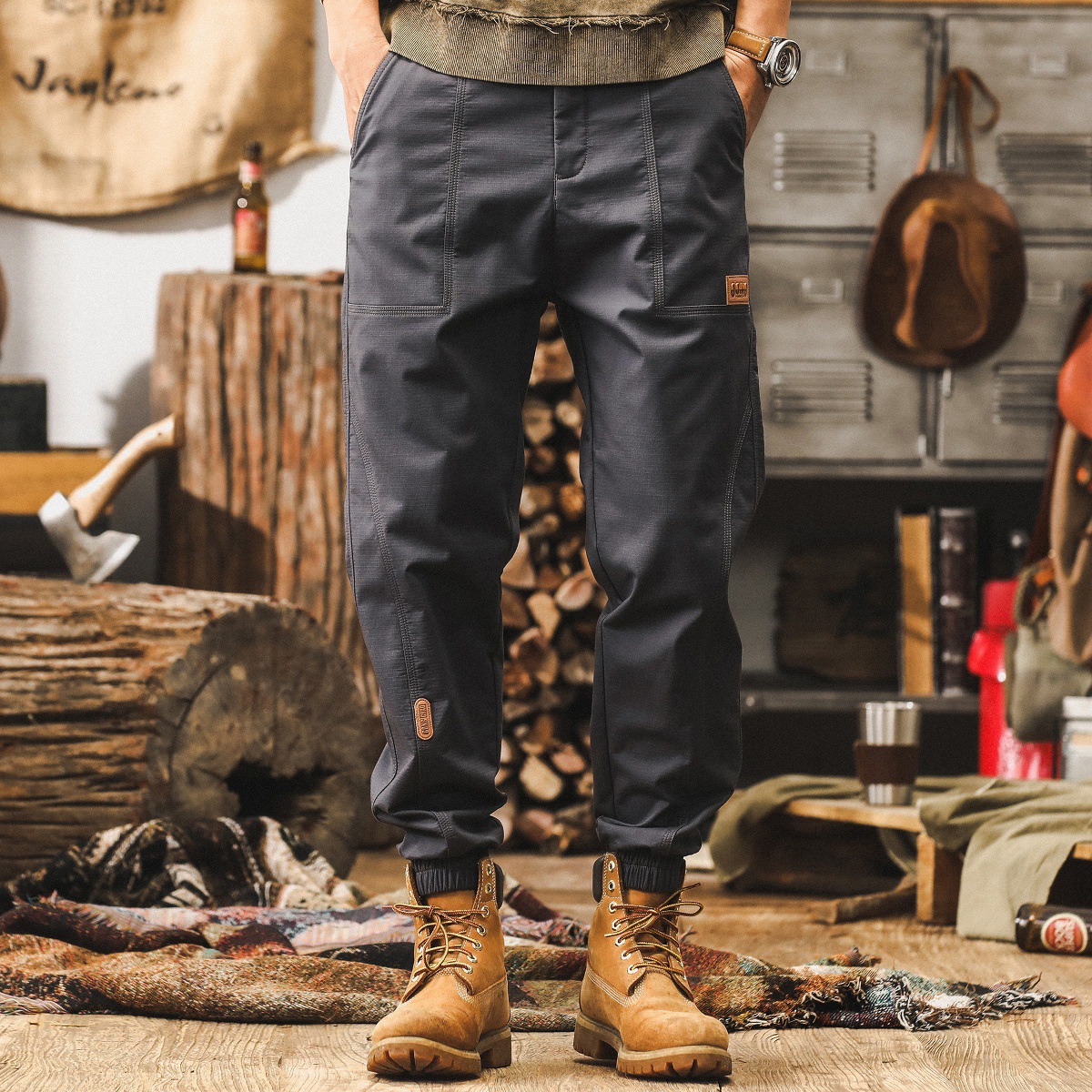 卡其色工裝褲子男款秋季2025新款美式復古潮牌寬鬆束腳男士休閒褲