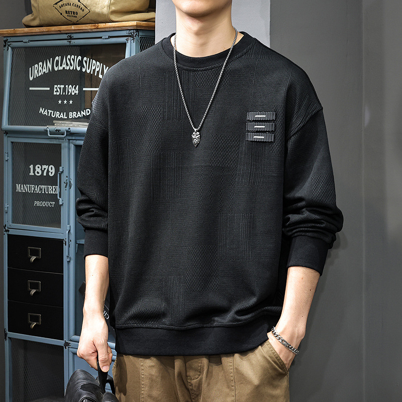 秋冬新款重磅提花衛衣男美式復古寬鬆大碼打底衫加絨拼接圓領上衣