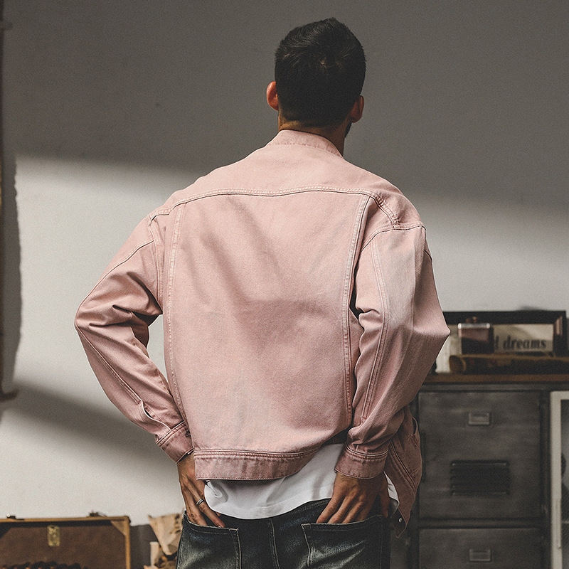 美式復古多巴胺粉色牛仔外套男士秋冬款潮流水洗阿蘇特工裝夾克男