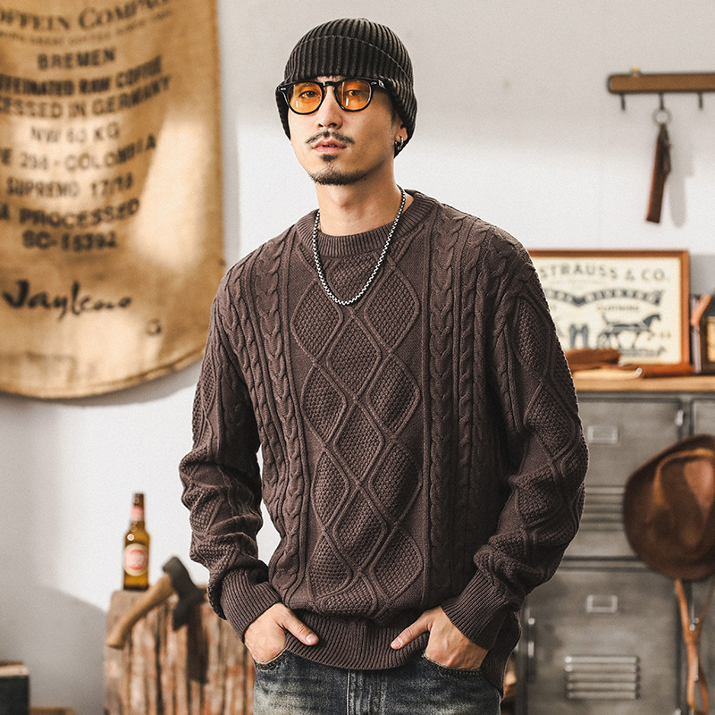 美式重磅復古毛衣男冬季加厚慵懶風潮牌寬鬆大碼扭花粗線針織衫男