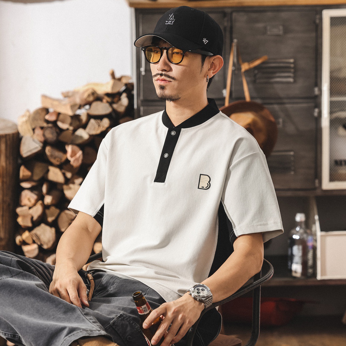 美式復古潮流撞色亨利領短袖t恤男夏季潮牌Polo衫男款寬鬆上衣潮T