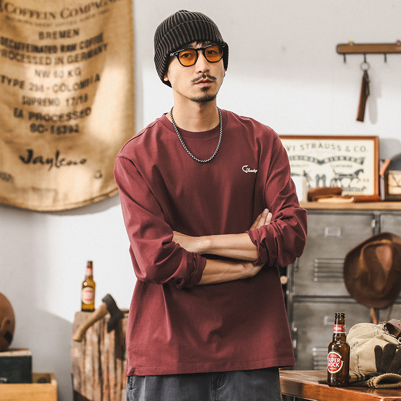 美式260g重磅長袖T恤男秋季潮牌寬鬆上衣2024新款紅色衣服男上衣T