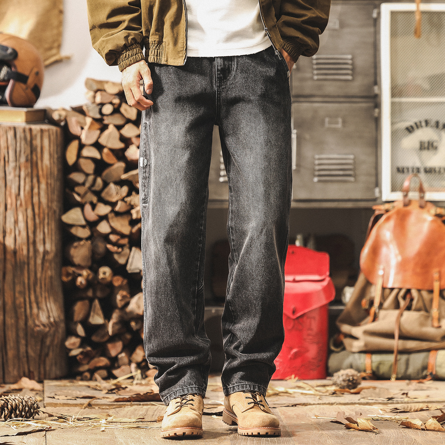美式復古水洗工裝褲子男直筒牛仔褲男秋季新款潮牌痞帥寬鬆休閒褲