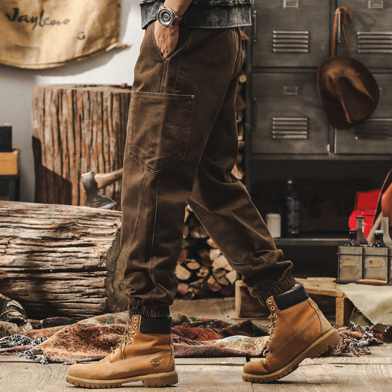 美式重磅復古工裝褲子男2025春季新款寬鬆束腳褲男士水洗休閒長褲