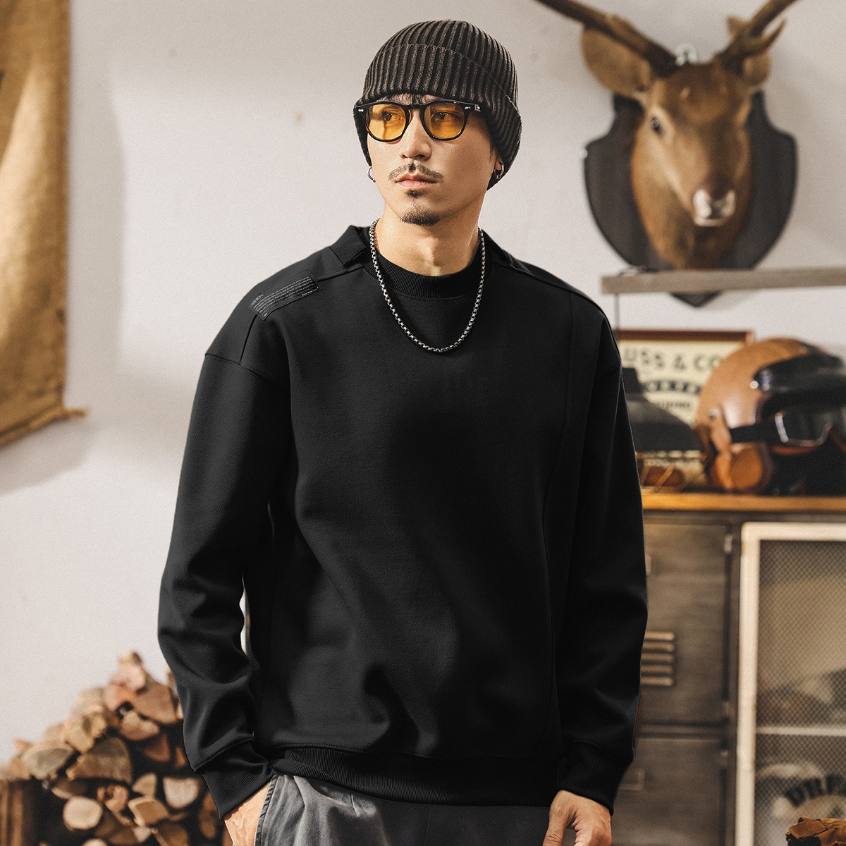 美式復古480g重磅衛衣男春秋2025新款拼接酒紅色寬鬆男士秋季上衣